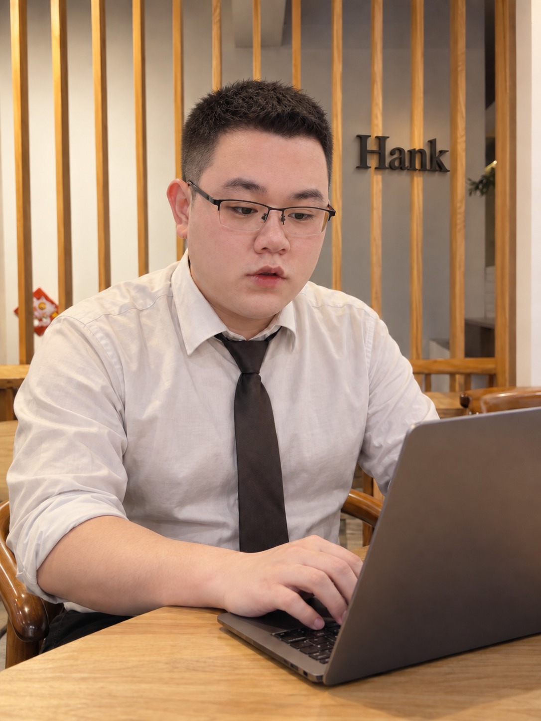 Hank 使用筆電工作的個人照片